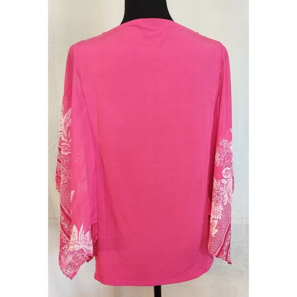 NWT JM Collection Floral Printed Flutter-Sleeve Keyhole Top Pink/White Size S - Picture 4 of 8